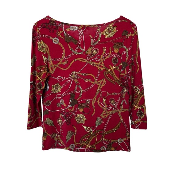 Talbots Women's Petite Red Equestrian Print Draped Neck Blouse S 3/4 Sleeve - Picture 5 of 7